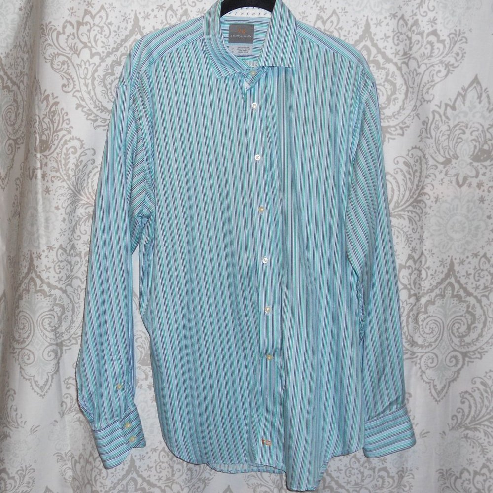TD Thomas Dean L Dress Shirt L/S Green Stripes Coordinating Pattern Cuffs/Neck